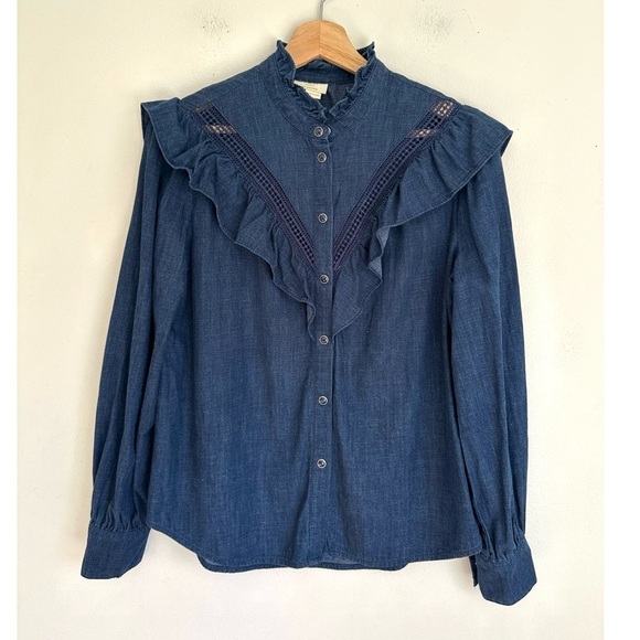 Kate Spade • Long Sleeve Ruffle Blouse in Dark Blue Chambray - Picture 2 of 6